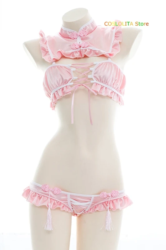 

Women Japanese Women Sweet Open Chest Bandage Ruffle Underwear Soft Sister Cheongsam Solid Color Pajamas Maid Outfit Cosplay