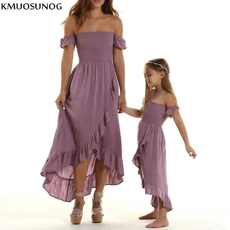 

Mother Daughter Dresses Summer Off Shoulder Strapless Irregular Ruffles Beach Dress Family Match Outfits Mommy and me Clothes