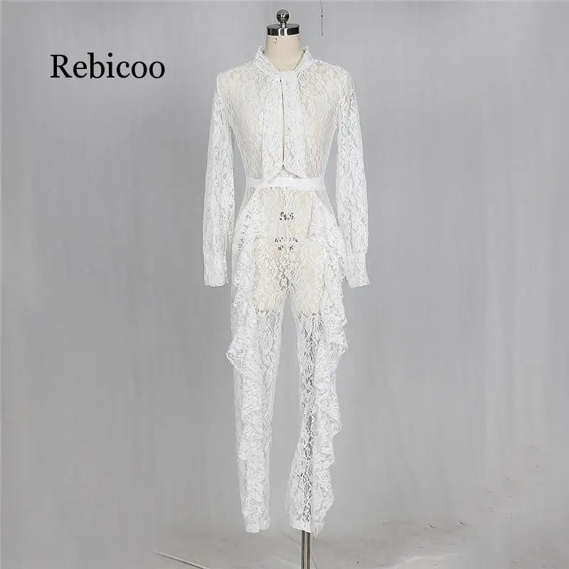 

Sheer Long Sleeve White Lace Jumpsuit for Women Sexy See Through Floral Ruffles Bodycon Rompers Christmas Night Club Overalls