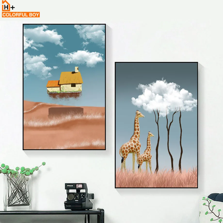 Облако Дерево окно Летающий дом Жираф Дети скандинавские плакаты и принты стены