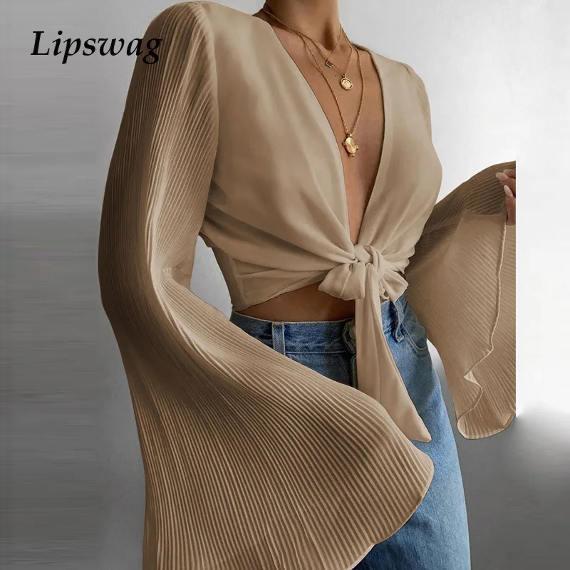 

Женская пляжная блузка с длинным рукавом, Весенняя блузка с глубоким V-образным вырезом, летняя блузка с завязками, Ажурные топы, уличная оде...