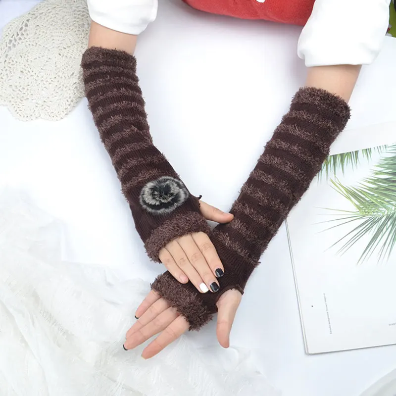 

Arm Cover Woolen Gloves Knitted Warmth Triangle Half Finger Short Hairball Riding Winter Mittens Sleeve Plush Thicken Fur Gloves
