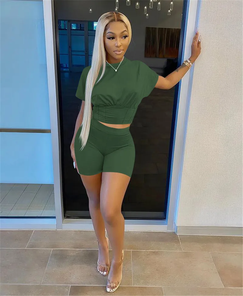 

Women 2 Piece Outfit Short Sleeve Crop Top+Biker Shorts Matching Set Fitness Sporty Streetwear Solid Bodycon Female Sets Summer