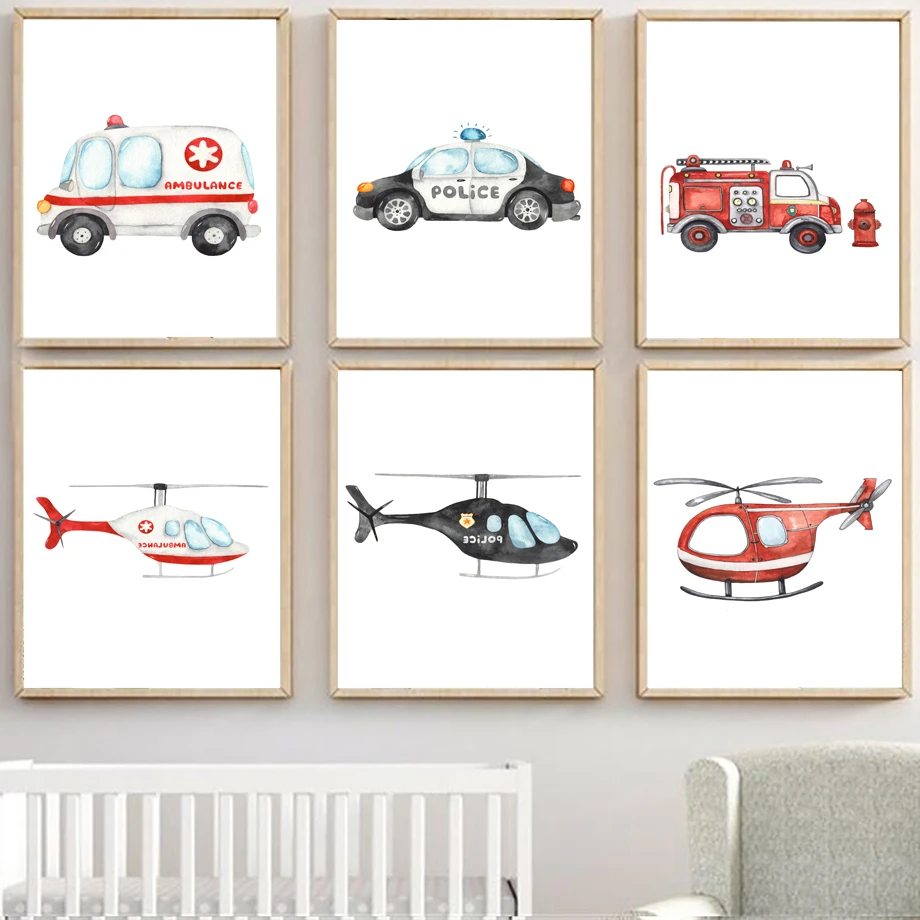 

Police Ambulance Fire Truck Airplane Wall Art Canvas Painting Nordic Posters And Prints Wall Pictures For Baby Kids Room Decor