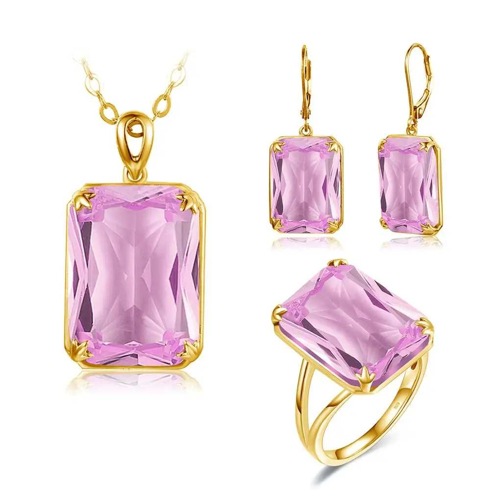 

14K Gold Jewelry Sets For Women Shiny Pink Cristal Pendant Earrings Ring Set Real 925 Sterling Silver Fashion Jewelry
