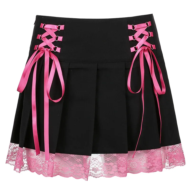 

Women's new sexy irregular bandage dark lace stitching pleated dress skirt