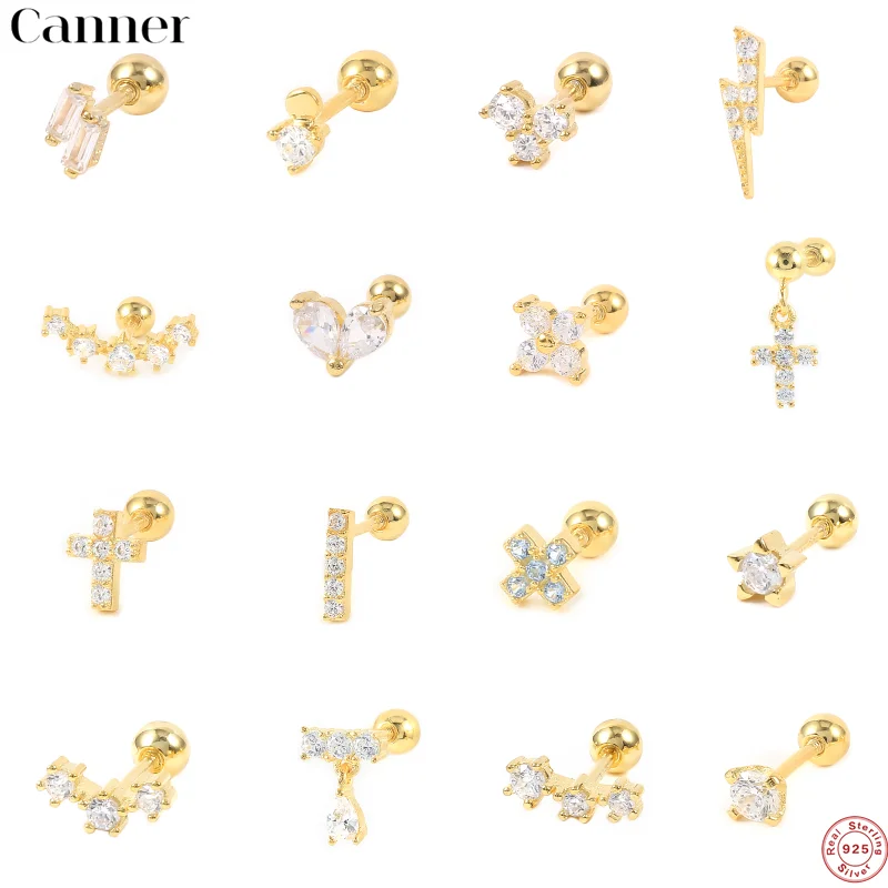 

CANNER 925 Sterling Silver 1 pcs Crystal Zircon Ear Studs Earrings For Women/Men 4 Prong Tragus Cartilage Piercing Fine Jewelry