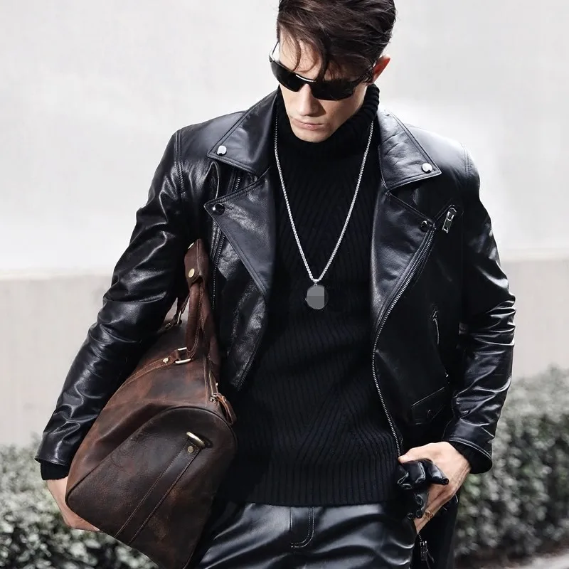 

Genuine Leather Windbreakers Street Men Slim Fit Cowhide Moto Biker Coat Lapel Long Jacket Winter Windproof Outerwear Plus Size