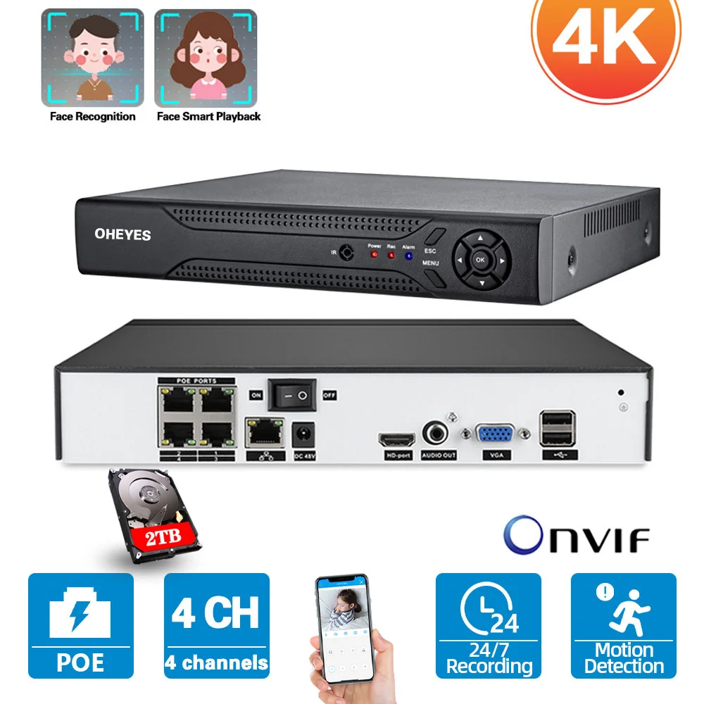 

4K Ultra HD POE NVR 4 Channels H.265 ONVIF CCTV IP Network Video Surveillance Recorder 8MP IP Camera RJ45 XMEYE NVR 4CH 5MP P2P