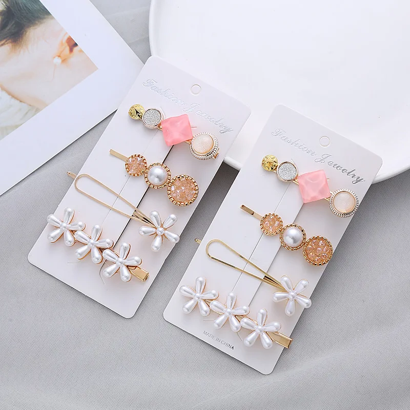 4-piece set Korean ins small flower hairpin net red side clip simple pink hairpin fashion headdress set