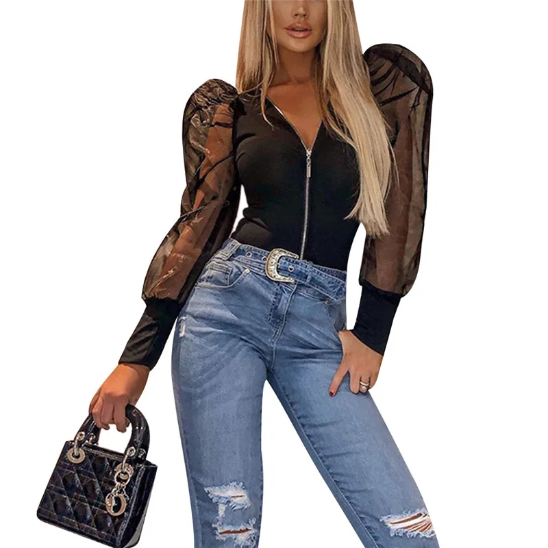 Новинка женский боди с пышными рукавами на молнии трико топы v образным вырезом