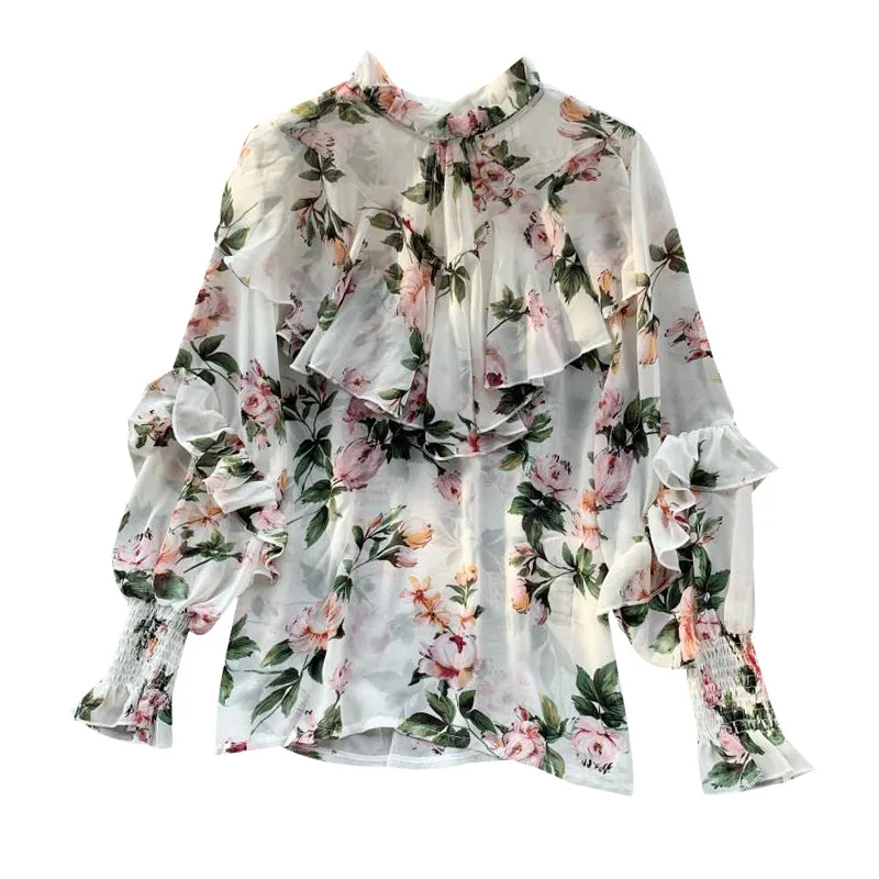 

Women's Chiffon Shirt Spring Autumn Sweet Printing Stand Collar Long Sleeve Shirt Bottoming Tops Women Shirts Blouses GD252