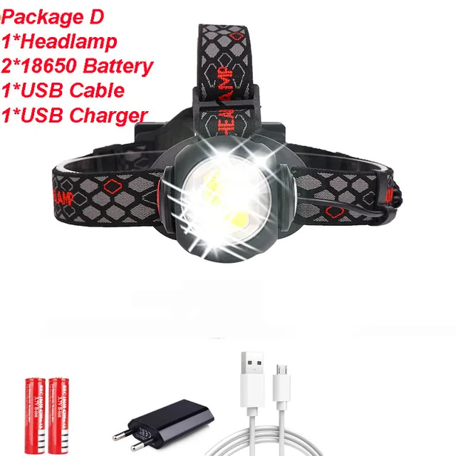 Package D Мощная яркая фара T6+ COB Светодиодный фонарь с вращением на 360 градусов, USB Перезаряжаемый водонепроницаемый лучший походный фонарик для улицы - Испускаемый цвет: Package D