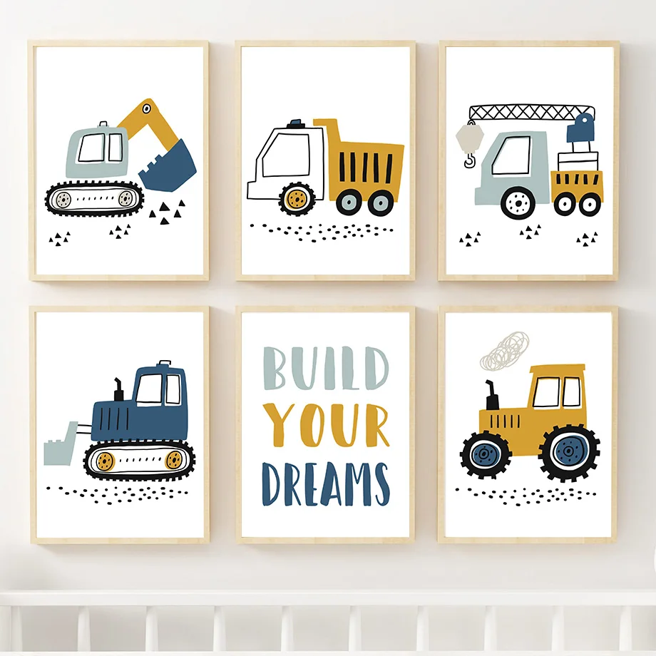 

Crane Excavator Tractor Cartoon Quotes Wall Art Canvas Painting Nordic Posters And Prints Wall Pictures For Baby Kids Room Decor