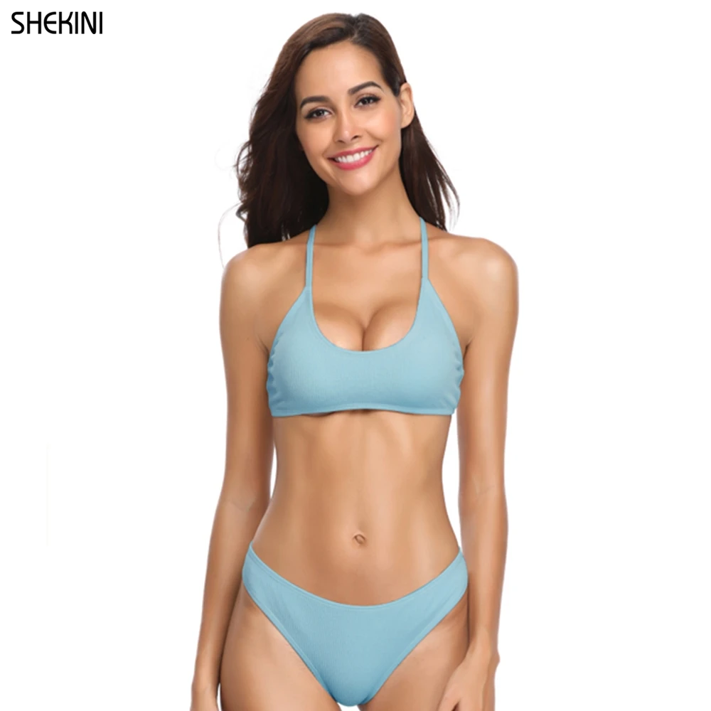 SHEKINI женский гребешок Холтер Shirred низкая талия обивка бикини из двух частей купальник пляж купальный костюм Купальники