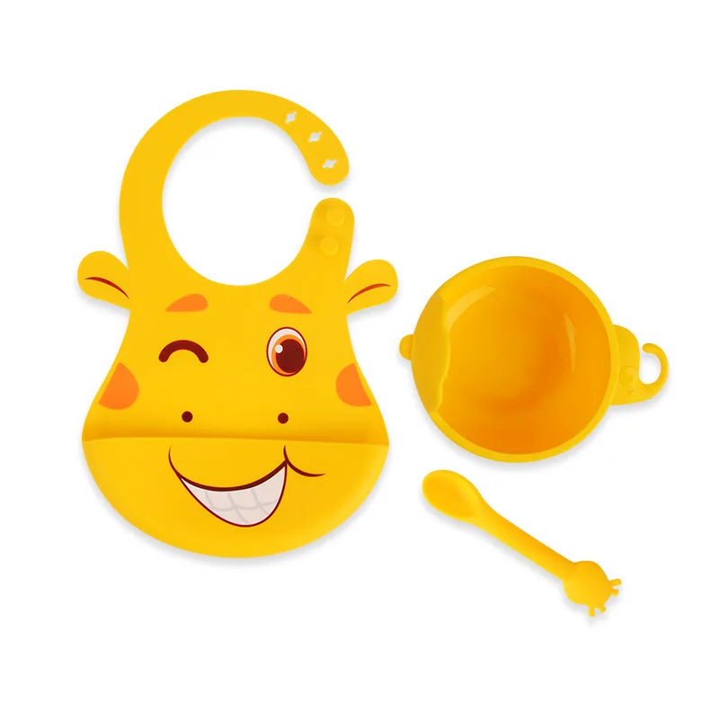

Cute Giraffe Baby Bibs Silicone elephant Cartoon Animals Children Feeding suction bowl set with spoon