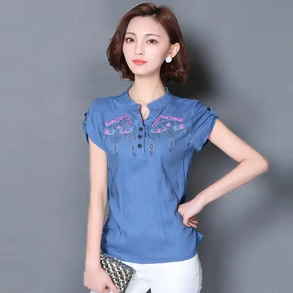 Женские топы хлопково-льняные с цветочным принтом женские блузы вышивкой 2019