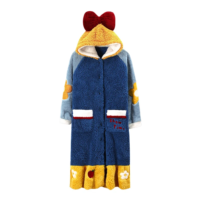 

Bathrobe Robe for Woman Kimono Yukata Blue New Soft Long Sleeve Homerobe Night Robe Winter Warm Front Pocket Kimono Yukata