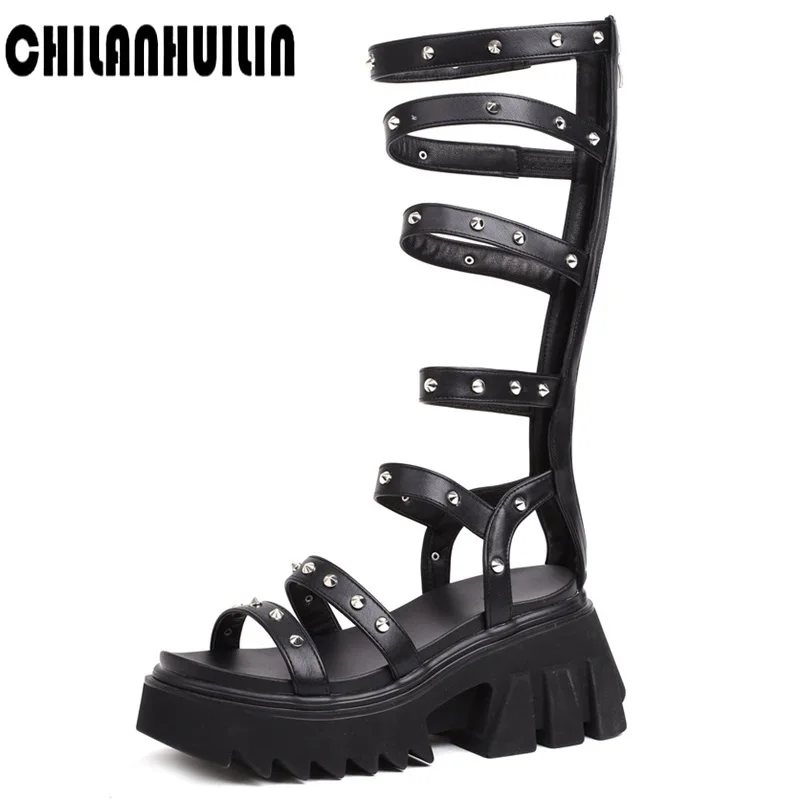 

punk style roman rivets summer boots microfiber leather shoes woman knee high boots high heels thick platform knee high boots
