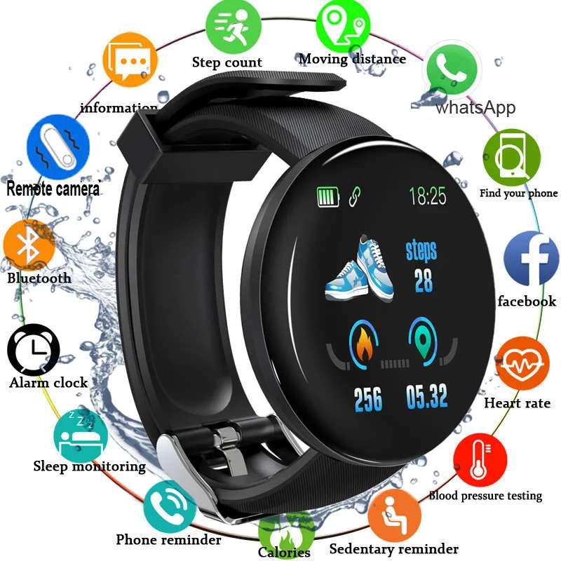 

D18 Smart Watch Blood Pressure Heart Rate Monitor Waterproof Bluetooth Round Fitness Tracker Smart Band Bracelet PK D13 D20 Y68