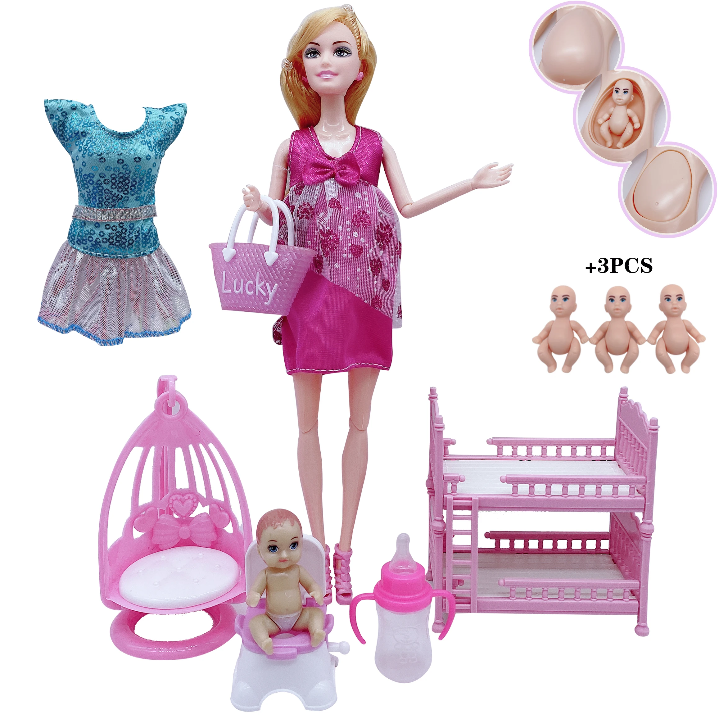 

11.5 "/ 5" 2020latest fashion pregnant Barbies doll mother-child combination bathtub + double dining chair children plastic toy