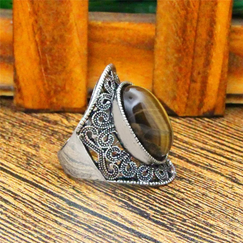 Овальный Природный камень тигровый глаз кольца для Для женщин Винтаж цветок