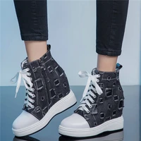 2020 women high top genuine leather wedges platform ankle boots female lace up canvas high heel fashion sneakers casual shoes