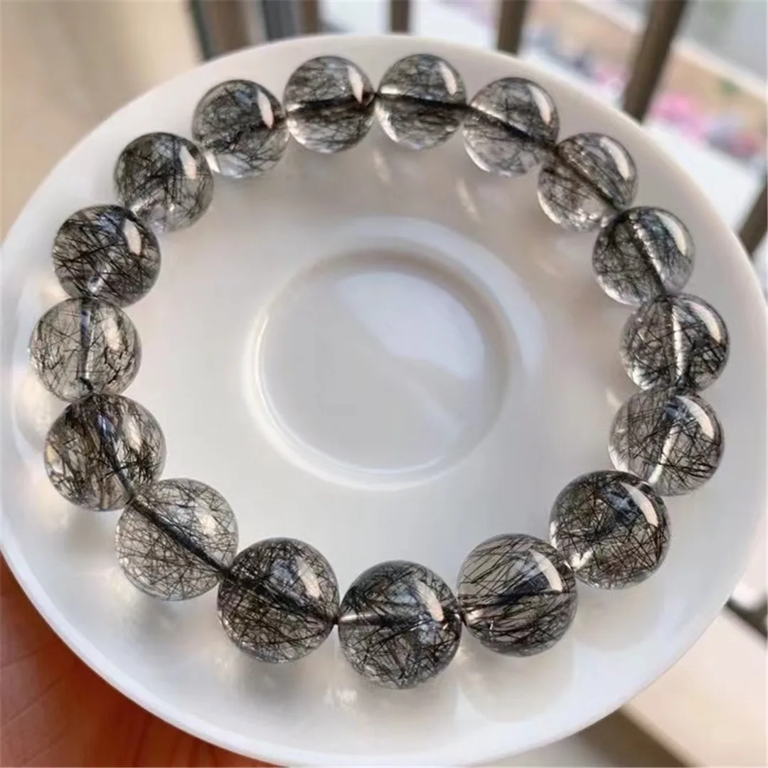 

Натуральный черный рутилированный кварцевый браслет 12 мм, ювелирные изделия для женщин и мужчин, подарок на любовь, лечение богатства, иску...