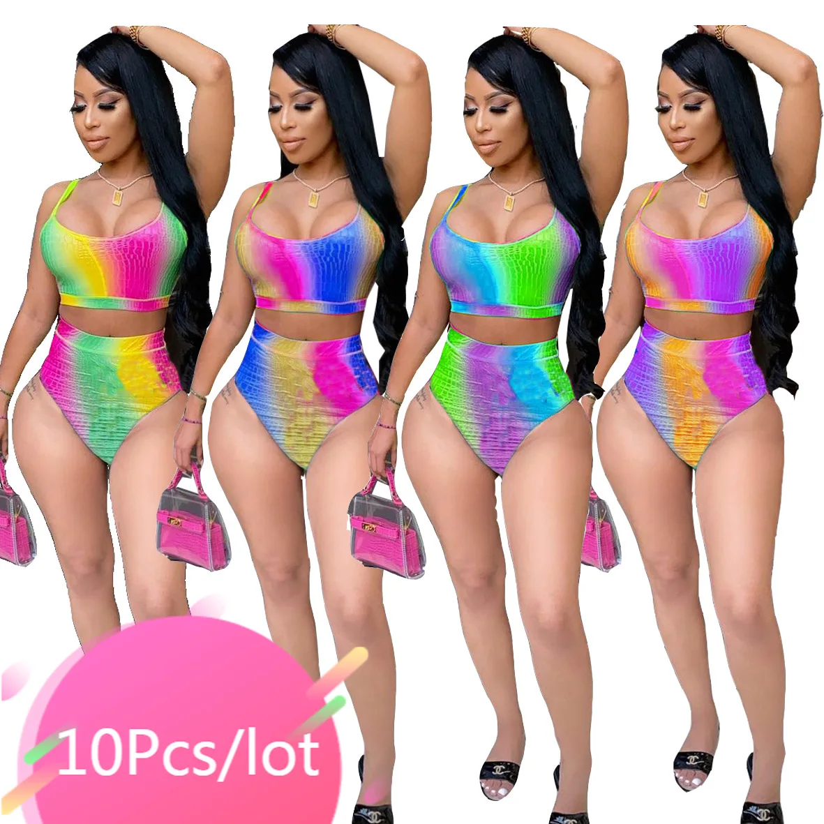 

Bulk Item Wholesale Lots Summer Women Set Sleeveless Strap Crop Tops Mini Shorts 2 Piece Outfits Sexy Swimsuit Beachwear 2021