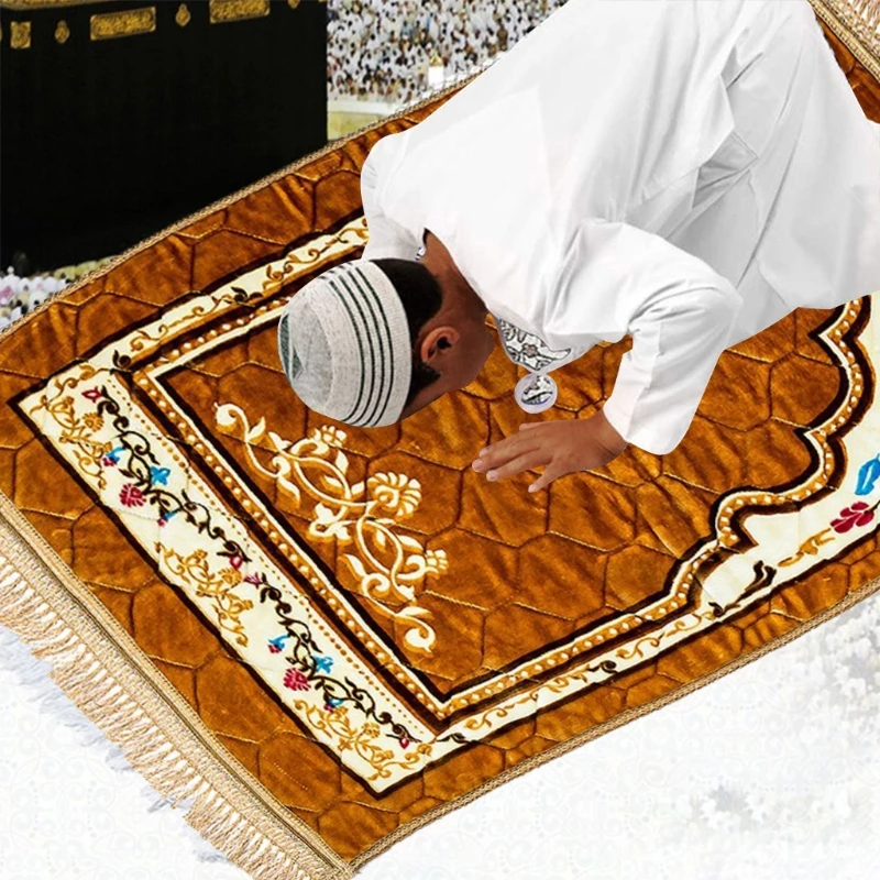 

Soft Flannel Thick Muslim Prayer Mat Ethnic Floral Patterns Carpet Blanket with Fringe Tassel Islamic Kneeling Rug Gift H3CC