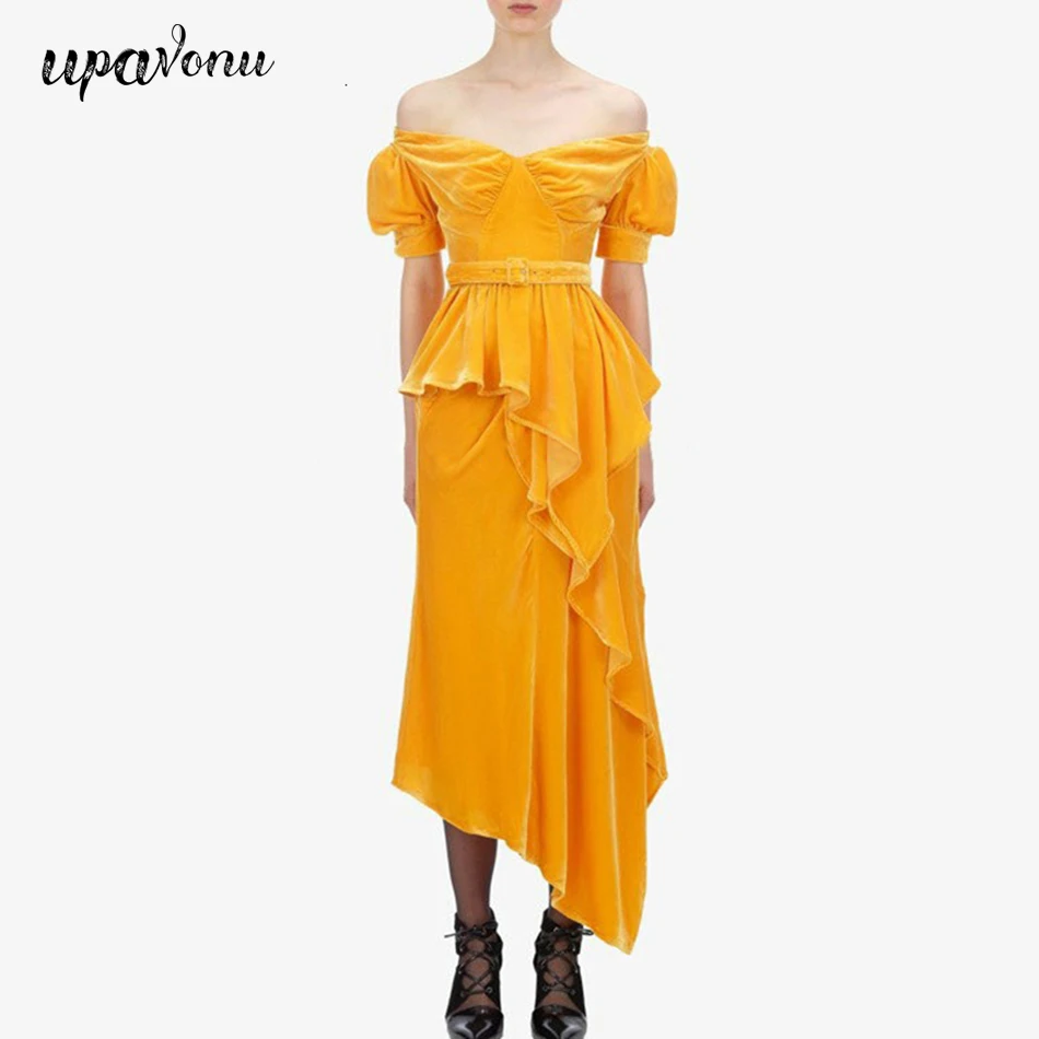 

2019 Autumn And Winter New Fashion Sexy Ladies Velvet Two-Piece Bloomers Short Sleeve High Waist Ruffle Irregular Skirt Vestidos