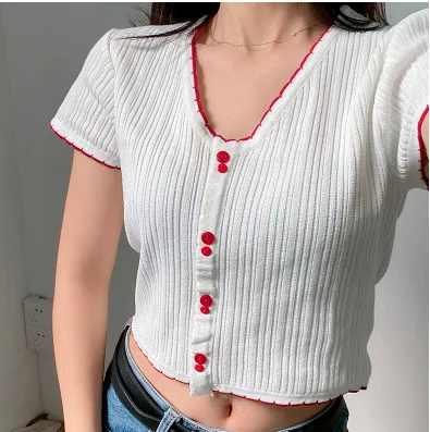 

New T-shirts Women Knitted Cute Crop O-neck Solid Slim Was Thin Thin Section Short Sleeve Casual 2020 Summer T-shirts For Women