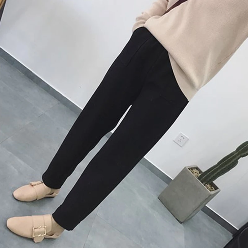 BGTEEVER Autumn Winter Thicken Pants Women Elastic Waist Pockets Woolen Female Pencil Pant Elegant Warm Trousers femme - Color: black
