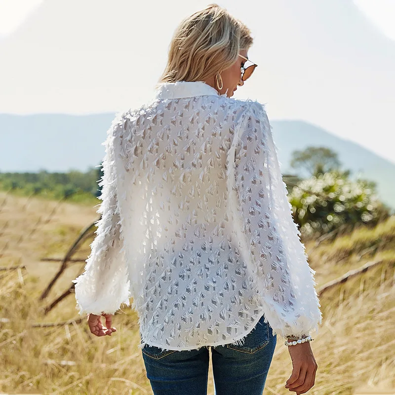 

Nice Spring Summer Pop Street Fashion Top Women Shirt Hole Tassel Loose Single Breasted Casual Long Sleeve Polo Collar