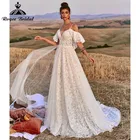 Пляжное свадебное платье в стиле бохо трапециевидной формы с V-образным вырезом, кружевными бретельками, открытыми плечами и открытой спиной, модель 2022 Свадебные платья с оборками Roycebridal