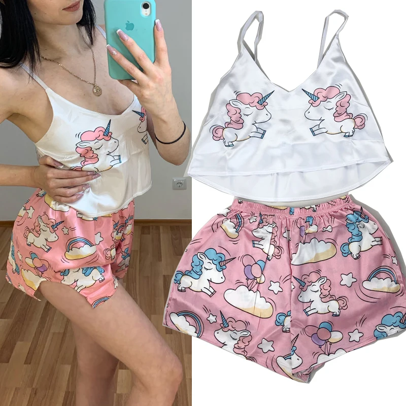 Пижама с животным мультяшным принтом Милая домашний костюм летняя V-образным