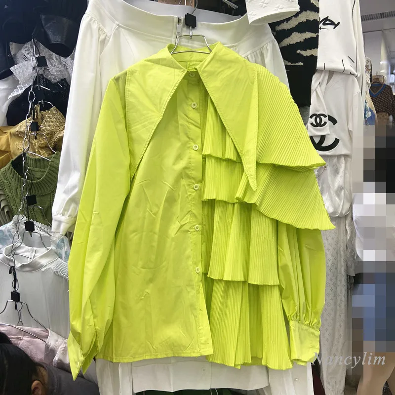Blusas Mujer De Moda 2020 Ruffles Blouse for Women Spring New Irregular Shirt Puff Sleeve Pleated Loose Top Female Nancylim