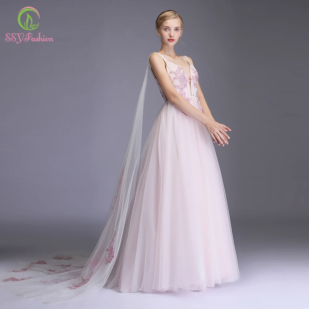 SSYFashion новые милые розовые вечерние платья романтические кружевные аппликации v-образный вырез длина до пола Длинные вечерние платья Vestido De Noche