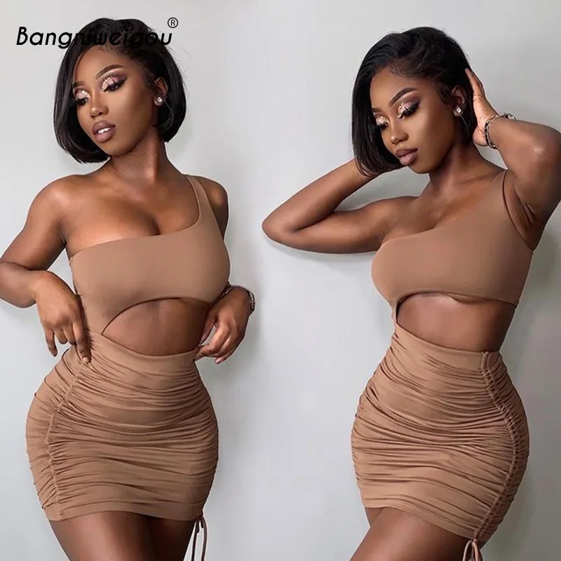 

Bangniweigou double layers hollow out one-shoulder ruched dress women bodycon drawstring mini party robe solid tube dresses