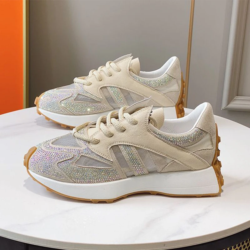 

Bling Rhinestone Women Chunky Sneakers Patchwork Upper Personality Shining Vulcanized Dad Shoes Ladies Sneakers