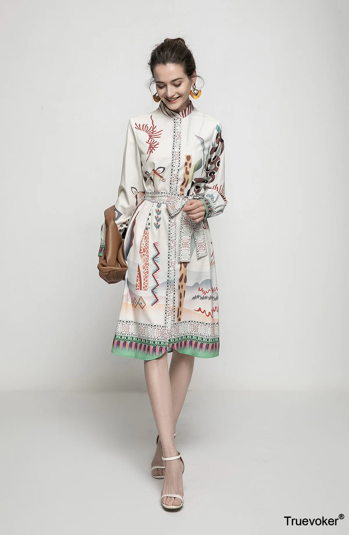 

Spring Runway 2021 Vintage Female Vestidos Women Full Sleeve Print Knee Length Straigth Shirt Dress