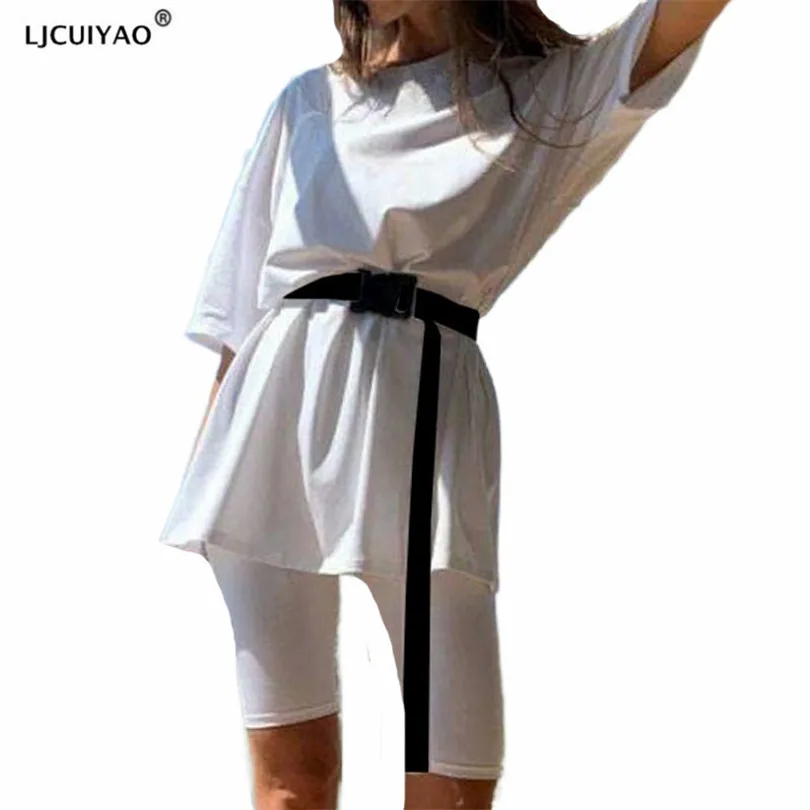 

LJCUIYAO Women Two Piece Set Summer O-Neck T Shirt Shorts Outfit Workout Clothes Tracksuit New 2021 Solid Color Elastic Fitness