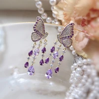 mengjiqiao korean luxury fashion purple butterfly shiny rhienstone tassel dangle earrings for women waterdrop party jewelry