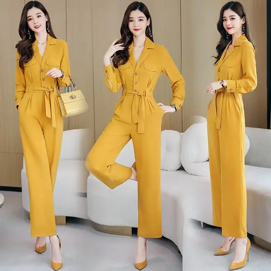 

Korean High Quality Jumpsuit Yellow Rompers Womens Jumpsuit Spring One Piece Pants Office Lady Combinaison Femme Salopette