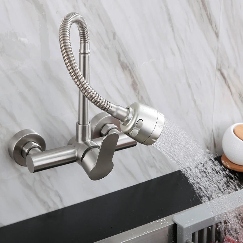 Настенный кухонный кран Pull Down Stream опрыскиватель Bubbler из нержавеющей стали кран для раковины гибкий шланг с двойными отверстиями Смеситель для холодной и горячей воды