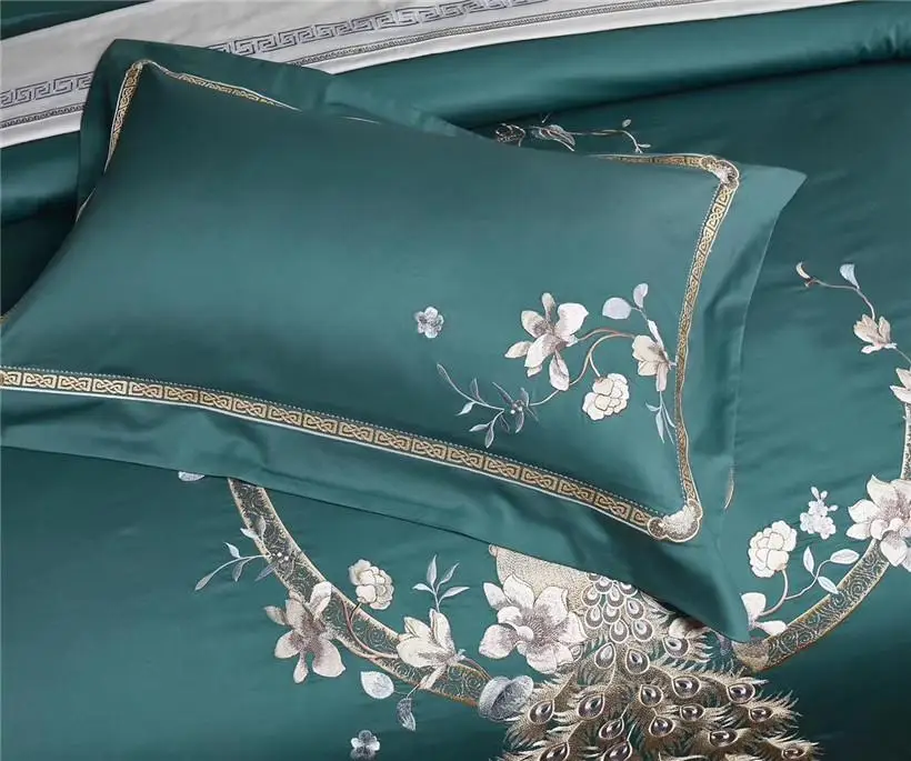 

Queen King size 4Pcs Egyptian Cotton Bedding set Bed sheets Chinoiserie Chic Peacock Flowers Embroidery Duvet Cover Pillowcase