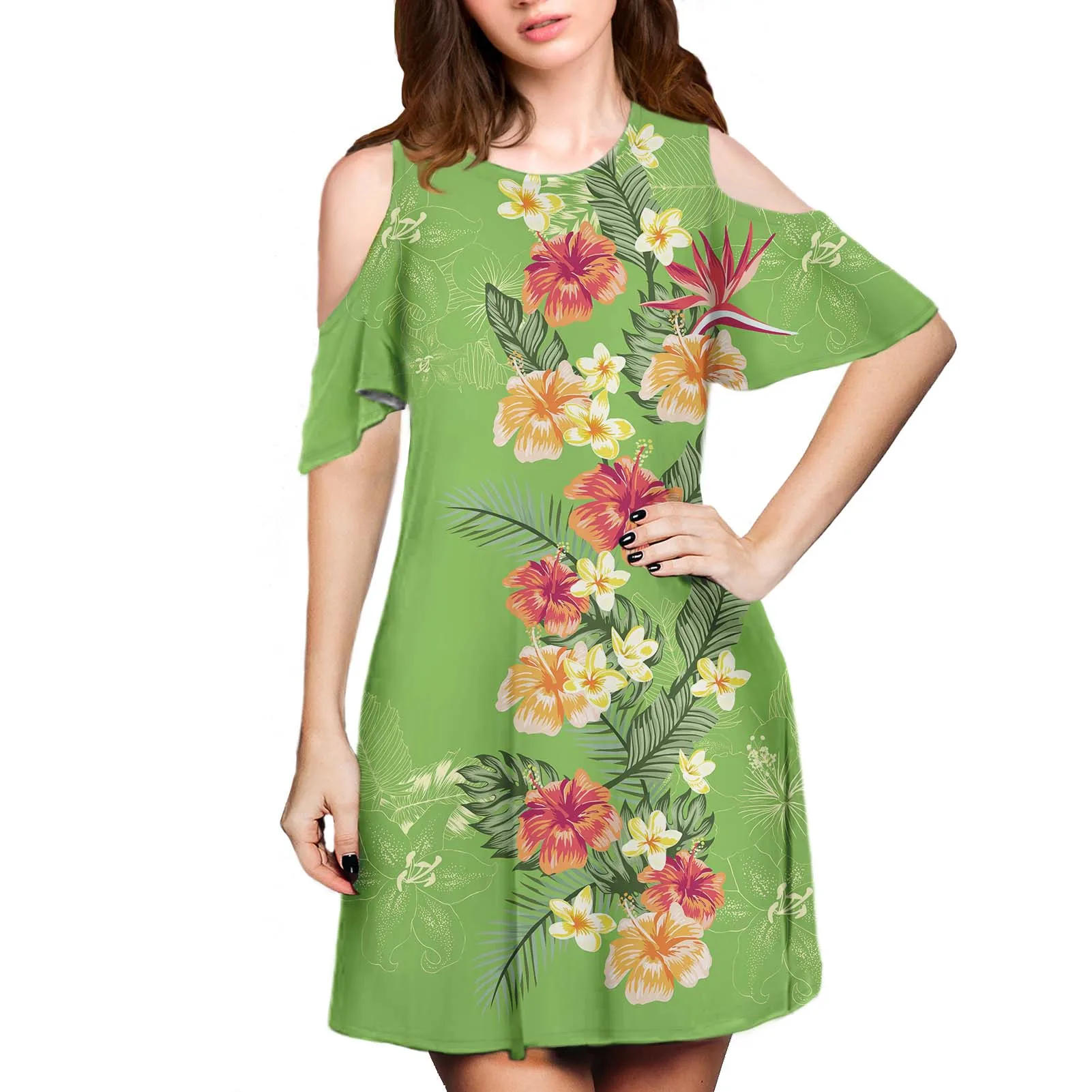 Hycool Гибискус дизайн зеленый лето Женские повседневные цветочные платья оптом