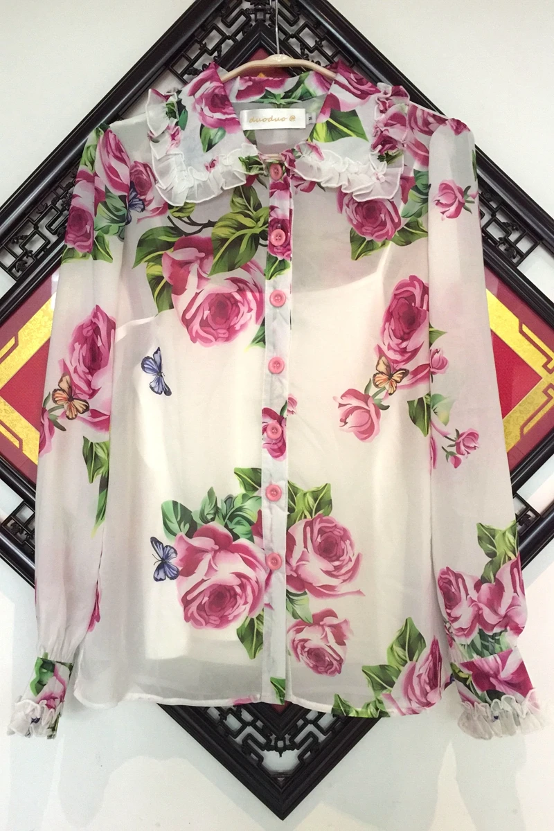 

2020 Zanzea Shein Korean Sale Rayon Women Tops Blusas Mujer De Moda Rose Butterfly Printed Wood Ear Petal Sleeve Chiffon Shirt
