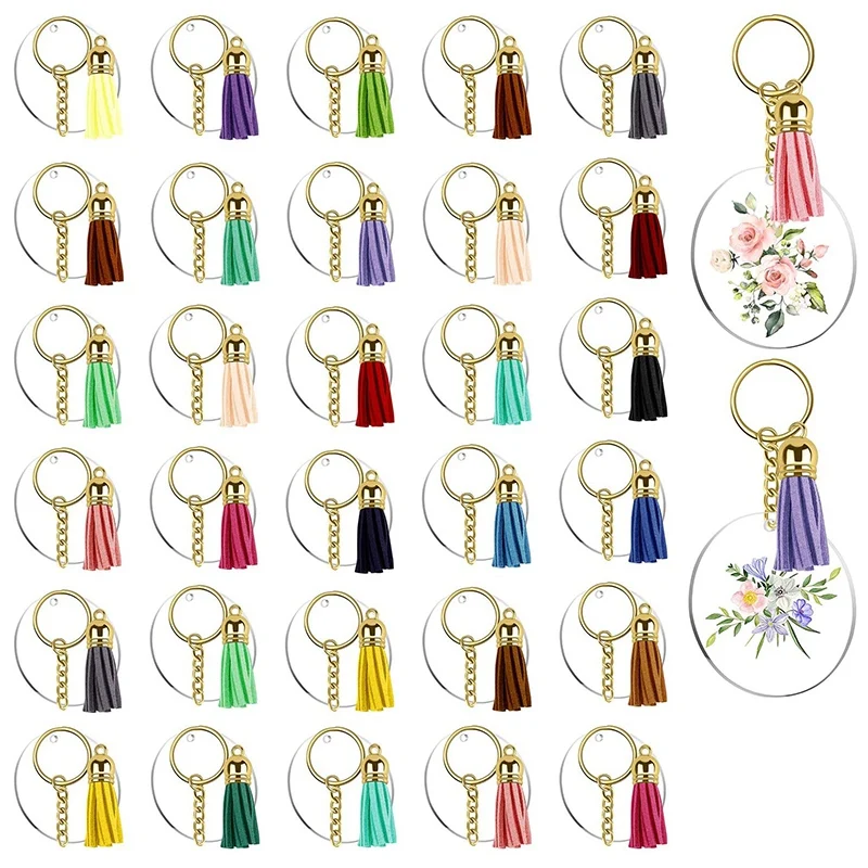 

HOT 128Pcs Acrylic Keychain Blanks Clear Circle Discs Key Chain 2 Inch Tassel Pendant Keyring for DIY Projects and Crafts