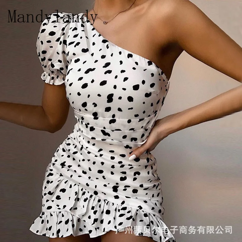 

Mandylandy Women's Sexy Ruffled Dress Summer Fashion One-Shoulder Short Sleeve Pleated High Waist Slim Fit Irregular Dress